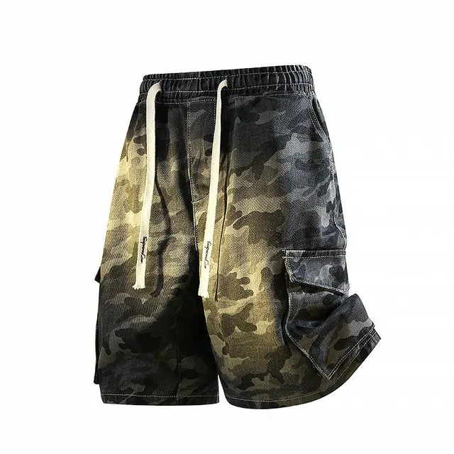 吾皇猫 迷彩水洗做旧多口袋舒适百搭时尚五分牛仔短裤 男女同款