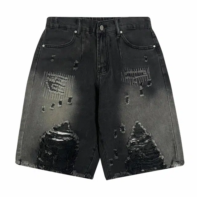 中国航天 美式街头破洞潮流直筒渐变牛仔短裤 男女同款 黑色
