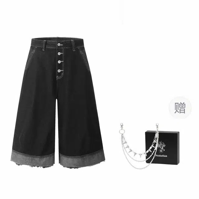 梁拌泡菜 美式潮流设计感拼接简约牛仔短裤 男女同款 黑色
