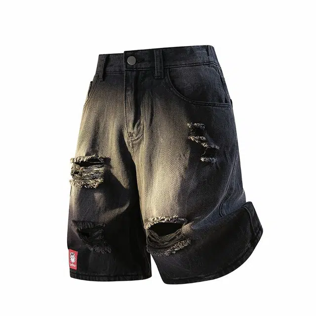 吾皇猫 美式复古潮流高街水洗做旧破洞设计宽松直筒五分时尚休闲痞帅百搭牛仔短裤 男女同款