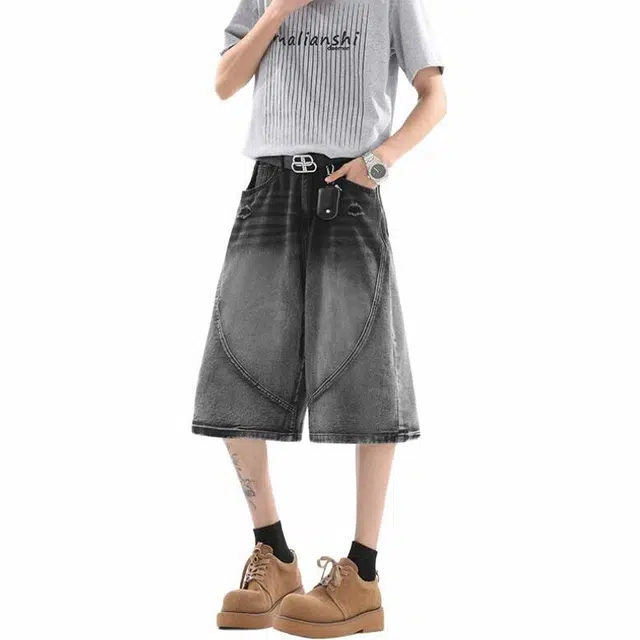 颂希尔 美式复古拼接设计宽松潮牌七分牛仔短裤 男女同款