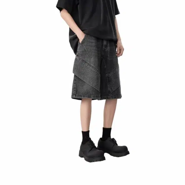 极限涡轮 拼接宽松美式复古痞帅高级感裤子潮牌牛仔短裤 男女同款