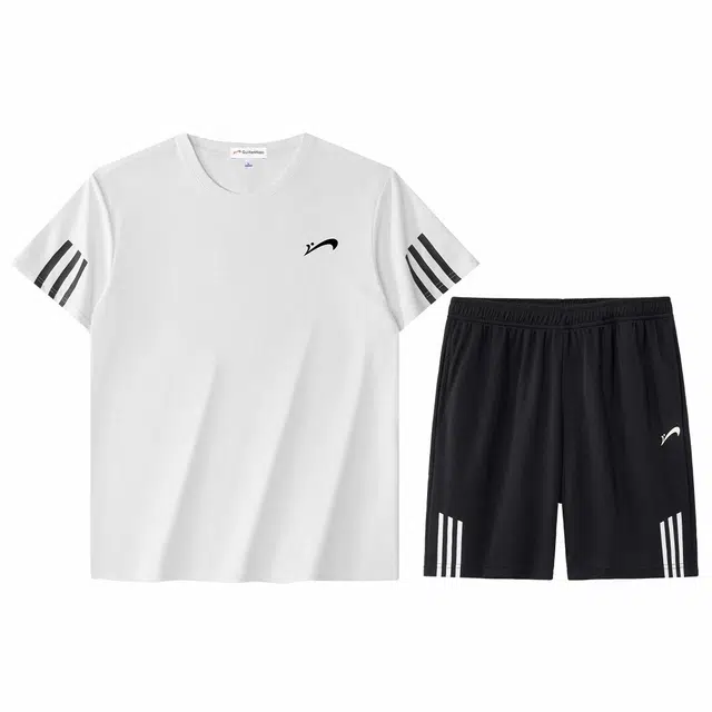 贵人鸟 条纹薄款圆领短袖透气松紧中腰短裤休闲运动套装 男女同款