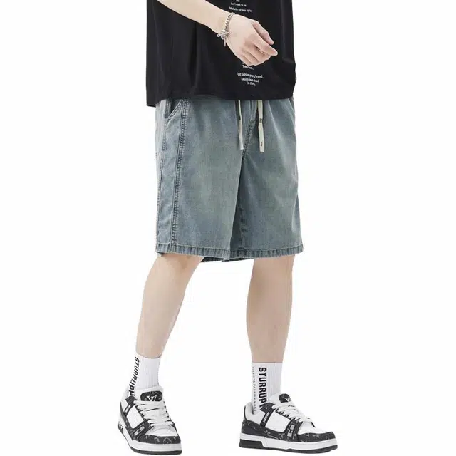 羽浅 薄款潮牌水洗宽松休闲设计感复古五分裤牛仔短裤 男女同款