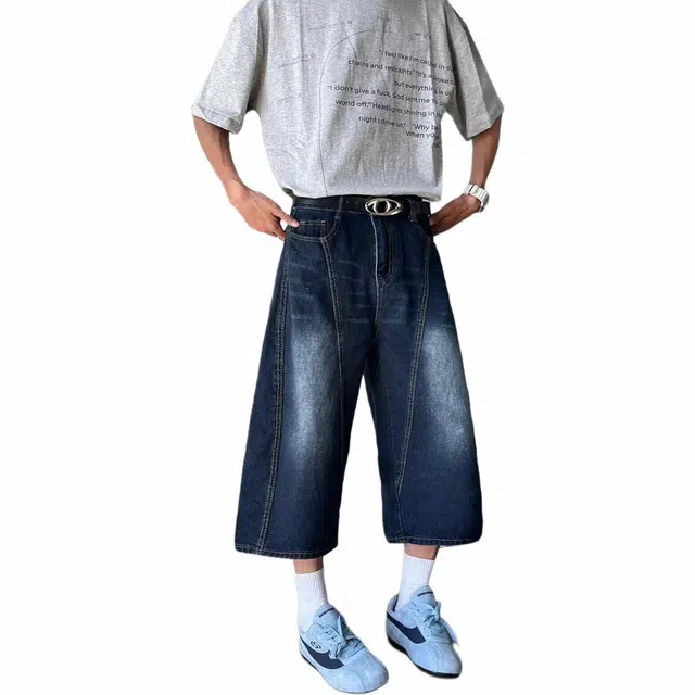 颂希尔 美式复古拼接设计感潮牌弯刀七分牛仔短裤 男女同款 蓝色