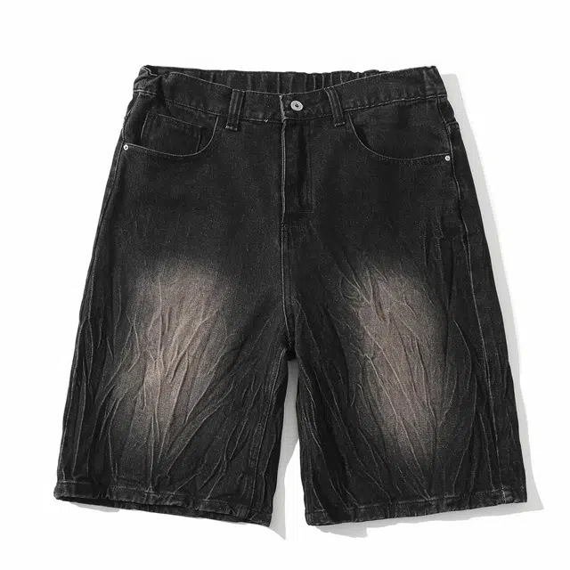 哲源 美式高街水洗做旧重工五分裤潮牌复古高街直筒裤子潮牌宽松垂感高街牛仔短裤 男女同款