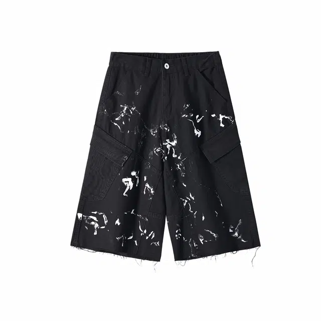 帕丁顿熊 美式涂鸦泼墨多口袋拼接阔腿工装宽松街头直筒休闲七分牛仔短裤 男女同款