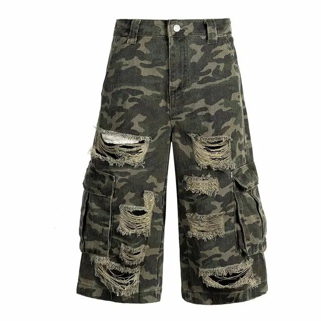哲源 美式高街复古做旧水洗破洞磨破设计感牛仔七分薄款凉感透气亲肤户外通勤无性别百搭宽松多口袋工装短裤 男女同款 迷彩