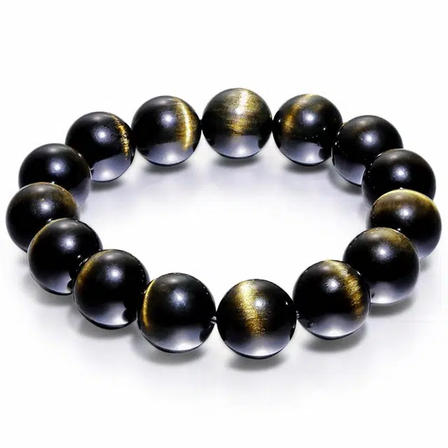 妍韵珠宝 圆润光滑猫眼效应设计 黑曜石 手串 男款
