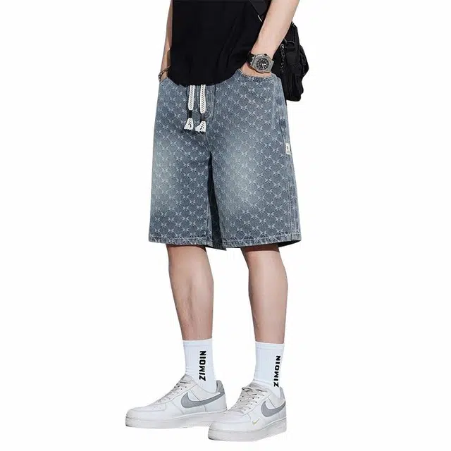 协协乐 蝴蝶纹宽松直筒美式潮牌五分牛仔短裤 男款 怀旧蓝