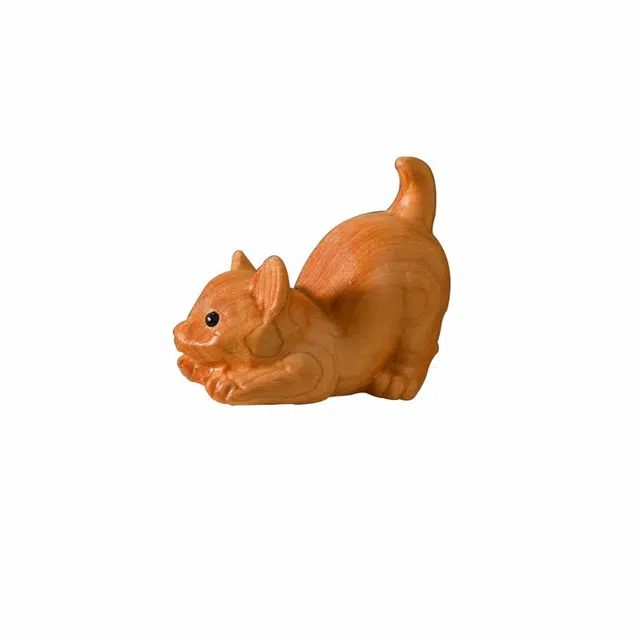 天纵 实木雕刻可爱俏皮猫 招财纳福 中式简约创意文玩手工艺品 崖柏 木作摆件 男女同款情侣款