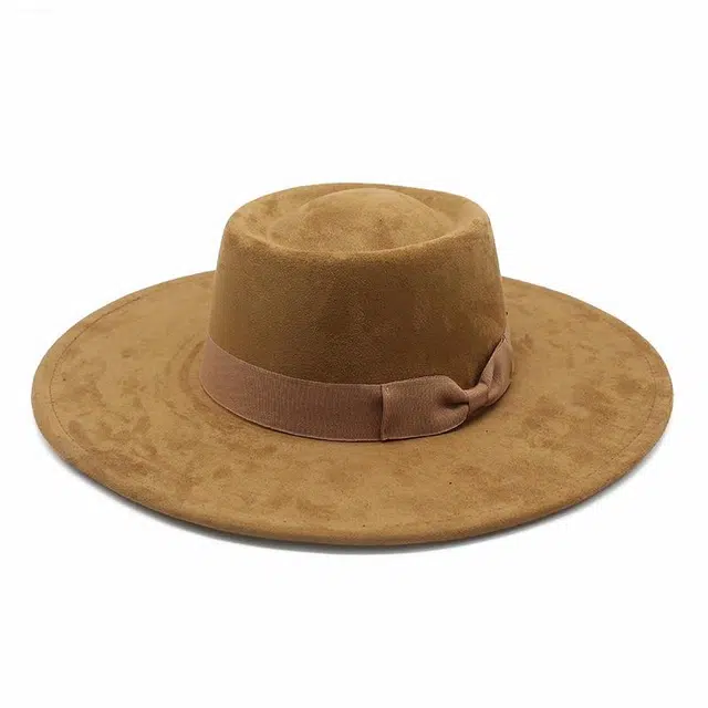 木林森 简约复古蝴蝶绑带宽帽檐显脸小遮阳休闲防晒户外出行运动百搭海边度假 鹿皮绒 礼帽 男女同款情侣款