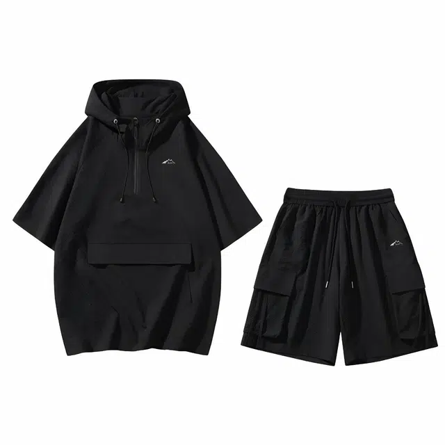 赛琪 泡泡格冰感速干透气防蚊舒适半拉链连帽短袖上衣美式高街风宽松直筒百搭日常通勤五分短裤休闲运动套装 男女同款