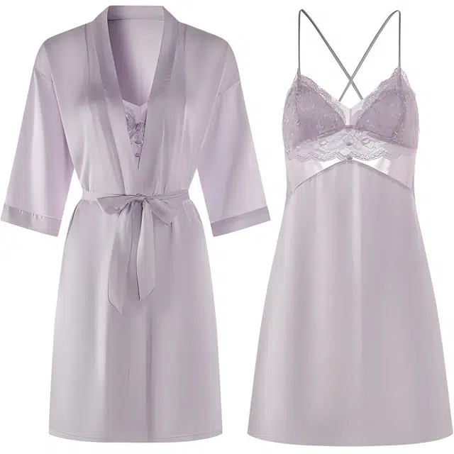 潞优野 法式复古纯色外袍蕾丝凉感内搭睡衣套装 女款