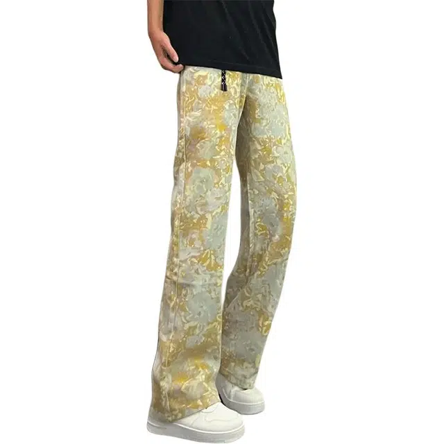 黑马漫画 扎染满印提花美式直筒舒适休闲百搭牛仔裤 男女同款 橘黄色