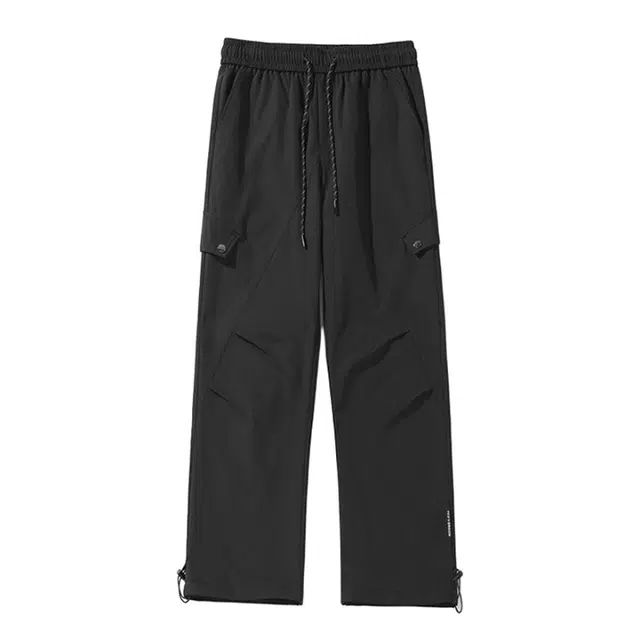 加荣 纯色美式高街简约拼接多口袋百搭舒适系带直筒休闲裤 男女同款 黑色