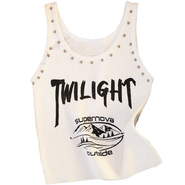 她池 个性钉珠撞色图案修身上衣时尚背心 女款 白色