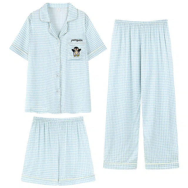 顶瓜瓜 短袖可爱卡通小企鹅格子家居服睡衣套装 女款 图片色