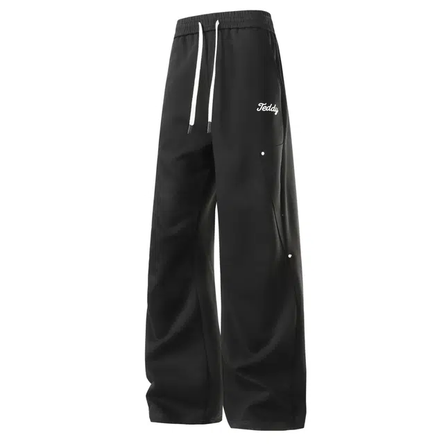 泰迪珍藏 纯色基础款字母印花拼接撞钉嘻哈街头宽松垂感拖地阔腿裤直筒运动休闲裤 男女同款