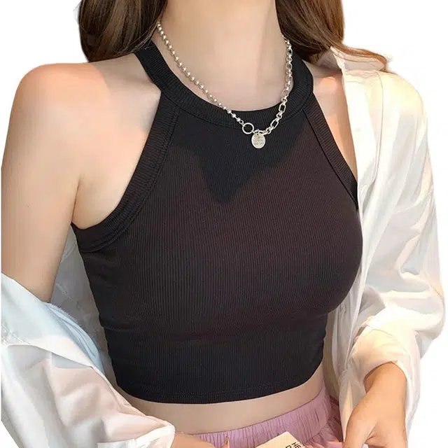 黑恐龙 吊带内搭带胸垫纯色无袖打底挂脖外穿修身短款上衣背心 女