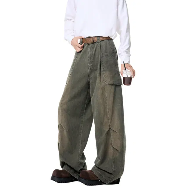 佐菲利 水洗褶皱设计慵懒宽松复古做旧阔腿休闲裤 男女同款 军绿色