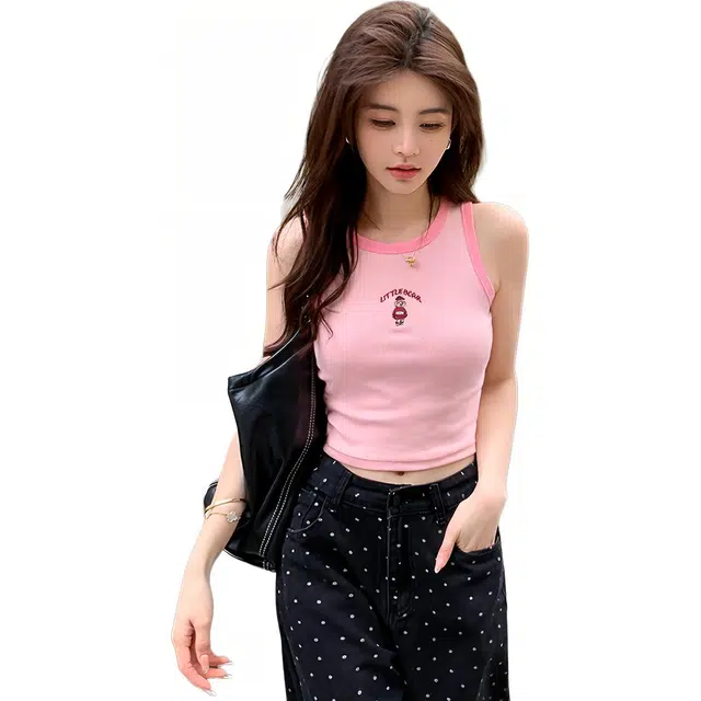 玫丝朵 刺绣修身短款字母背心 女款
