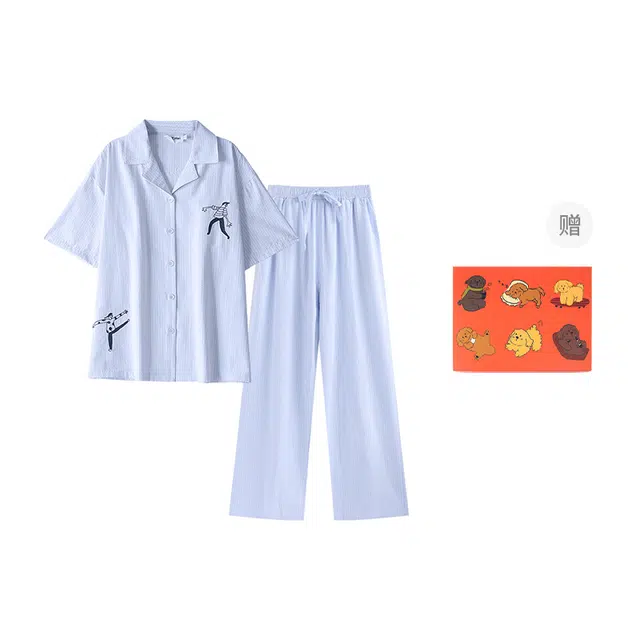 侘町 有趣人物简约清新柔软透气亲肤条纹睡衣礼盒 女款 浅蓝色