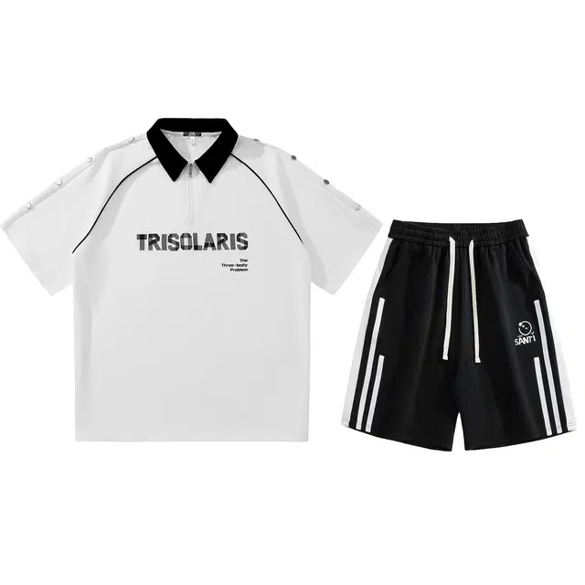 三体 文明系列 美式复古基础简约字母印花宽松短袖上衣条纹直筒短裤高街潮牌时尚舒适学生多巴胺日常休闲运动套装 男女同款