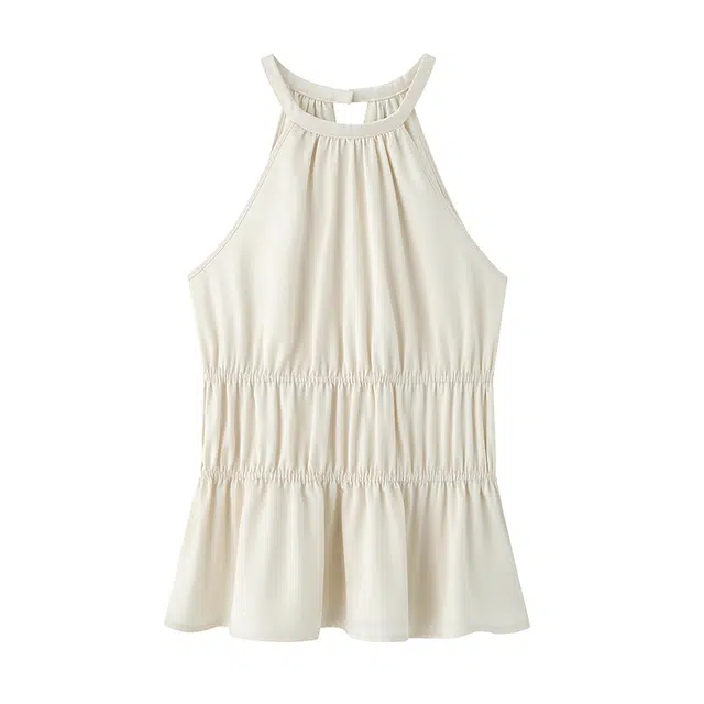 周淼 简约纯色套头修身抽皱挂脖背心 女款