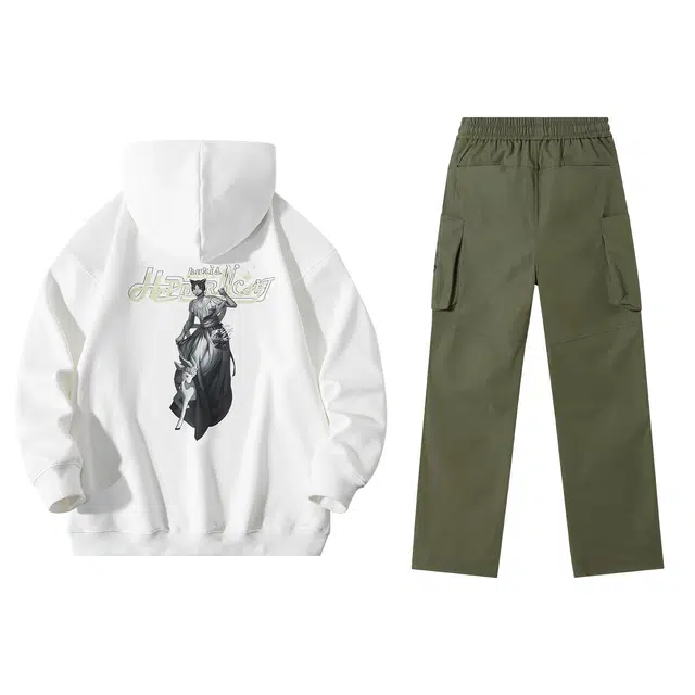 赫本猫 卡通动漫字母印花连帽套头卫衣纯色抽绳大口袋束脚工装裤卫衣套装 男女同款