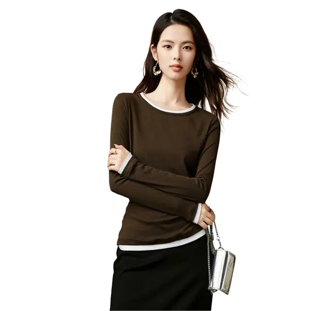 晚白  高弹力修身版型不扎肤内搭  常规打底衫 女款 深咖色