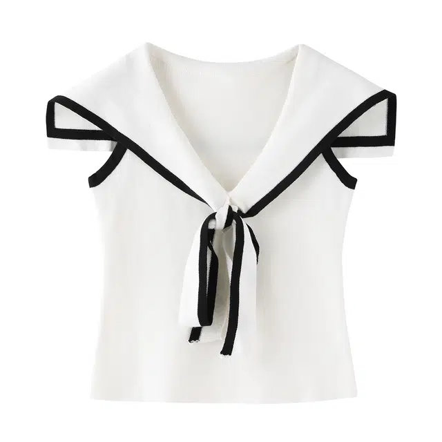 花栗鼠小姐 纯欲甜辣学院风小众设计感撞色海军翻领系带合身收腰无袖背心 女款 白色