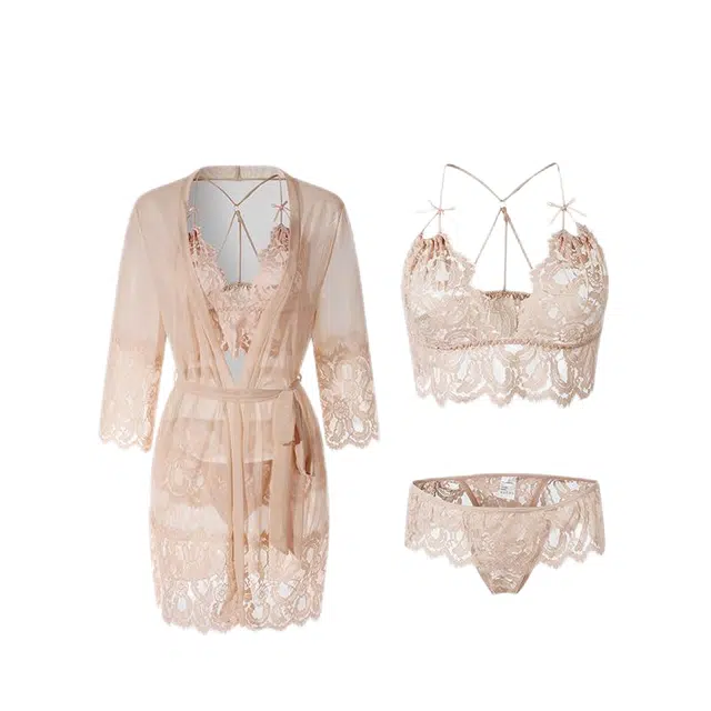 潞优野 网纱吊带蕾丝纯色长袖舒适睡衣套装 女款