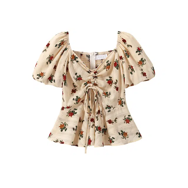 JUFU Vintage Floral Ruffle Tee