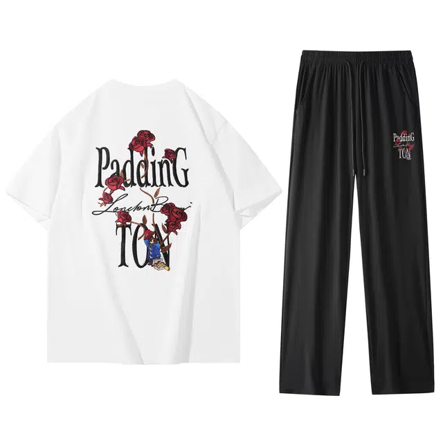 帕丁顿熊 绅士小熊玫瑰万针刺绣宽松百搭圆领重磅短袖五分裤休闲运动套装 男女同款
