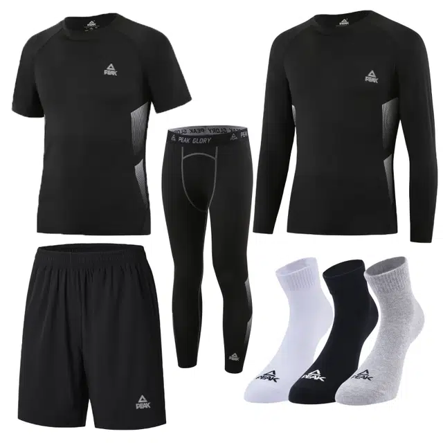 匹克 速干透气紧身长袖长裤短袖短裤短袜五件套健身套装 男款