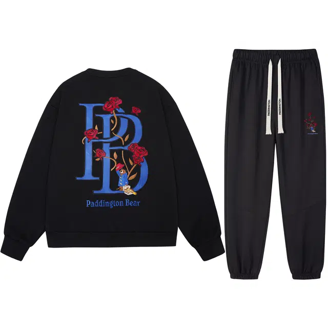 帕丁顿熊 卡通小熊绅士玫瑰高端刺绣宽松休闲圆领卫衣套装 男款