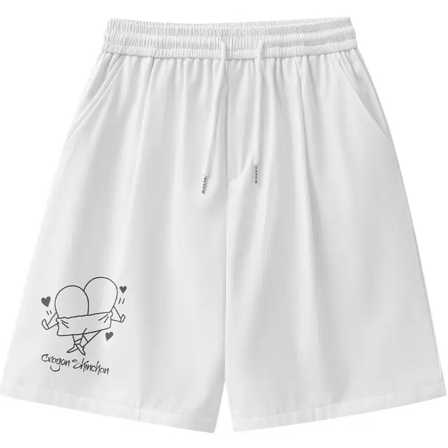蜡笔小新 卡通搞怪小新字母印花宽松直筒系带梭织休闲五分短裤 男女同款