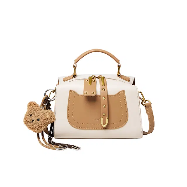 纳兰杜 高级感简约百搭通勤 牛皮拼合成革 枕头单肩斜挎手提包 女款 米白拼杏色