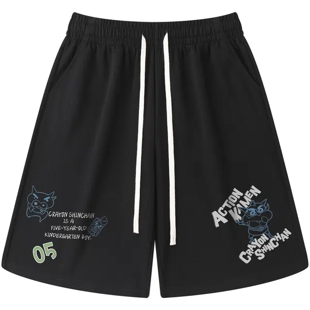 蜡笔小新 卡通小新手绘字母印花宽松直筒五分休闲短裤 男女同款