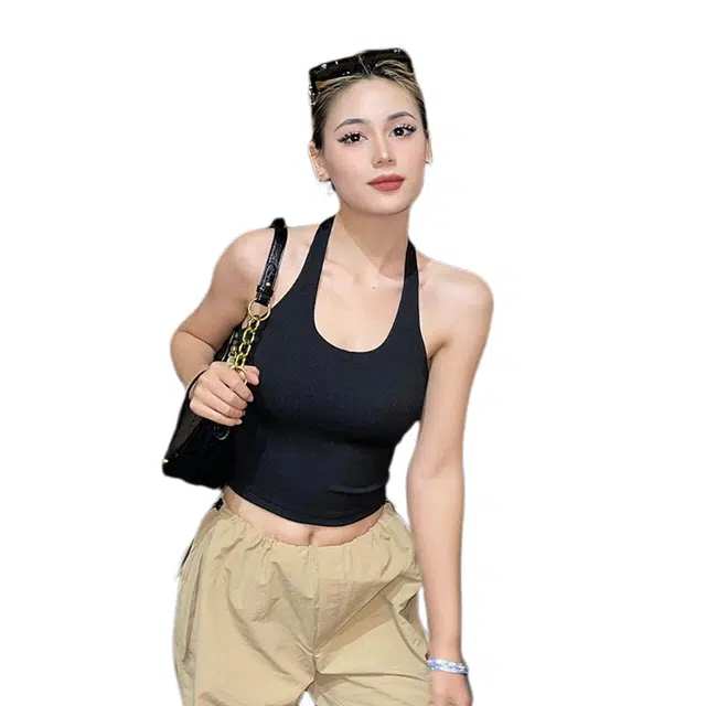 黑恐龙 美式挂脖吊带内搭带胸垫美背内衣文胸一体纯色辣妹上衣背心 女款 黑色