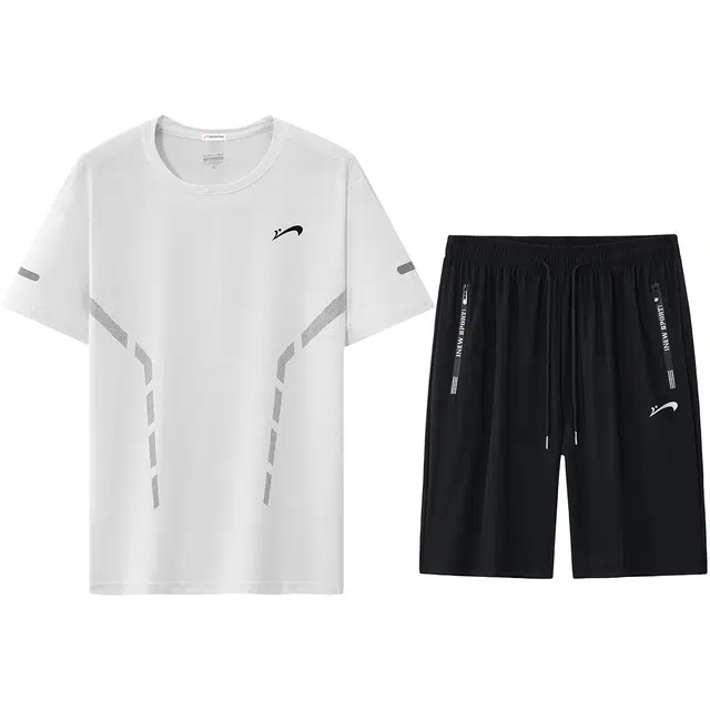 贵人鸟 条纹薄款圆领短袖系带中腰宽松透气短裤休闲运动套装 男女同款