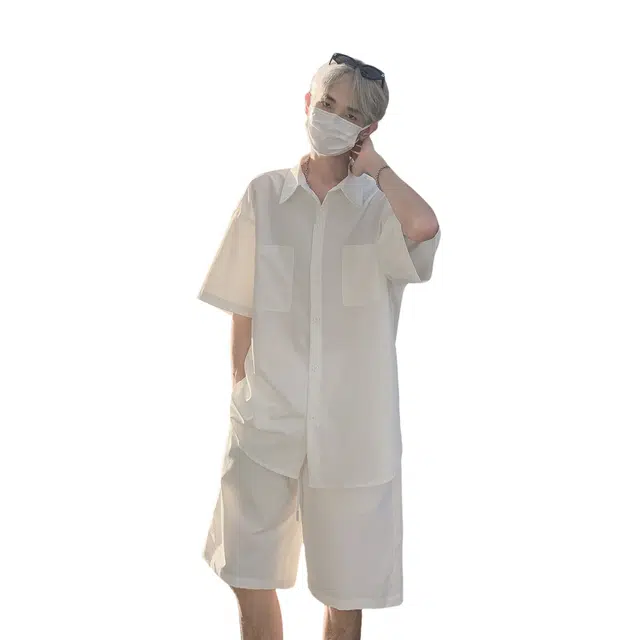 哲源 简约美式基础翻领纯色学院风宽松中腰系带五分裤休闲短袖衬衫套装 男女同款