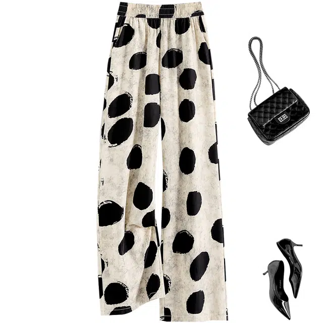 她池 宽松舒适百搭休闲裤 女款 米色黑波点