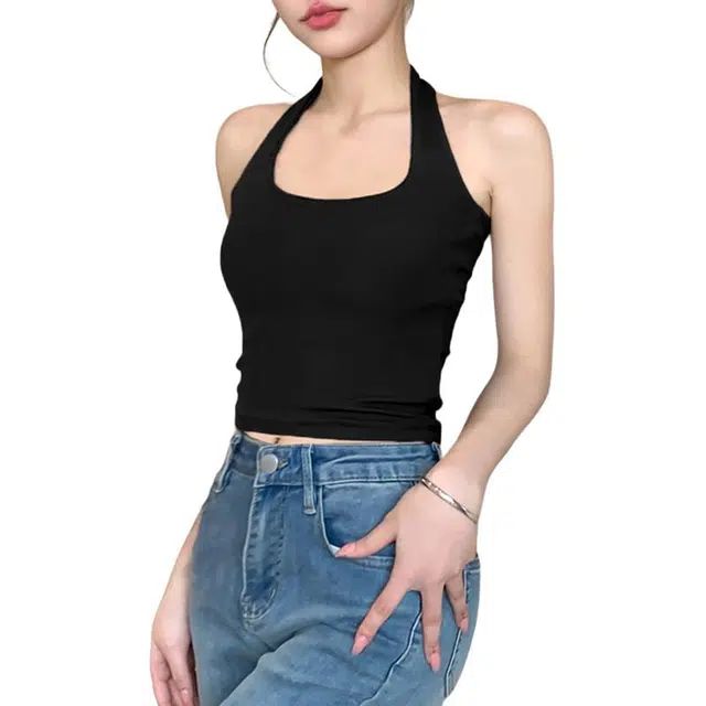 黑恐龙 纯色螺纹挂脖露脐吊带内搭打底修身美背文胸一体带胸垫外穿上衣背心 女款