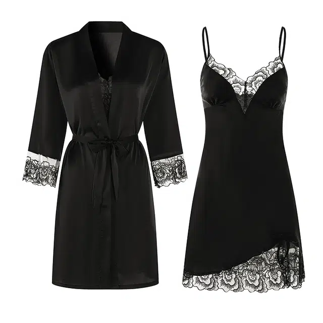 潞优野 纯色顺滑凉感外袍拼接蕾丝带胸垫内搭睡衣套装 女款
