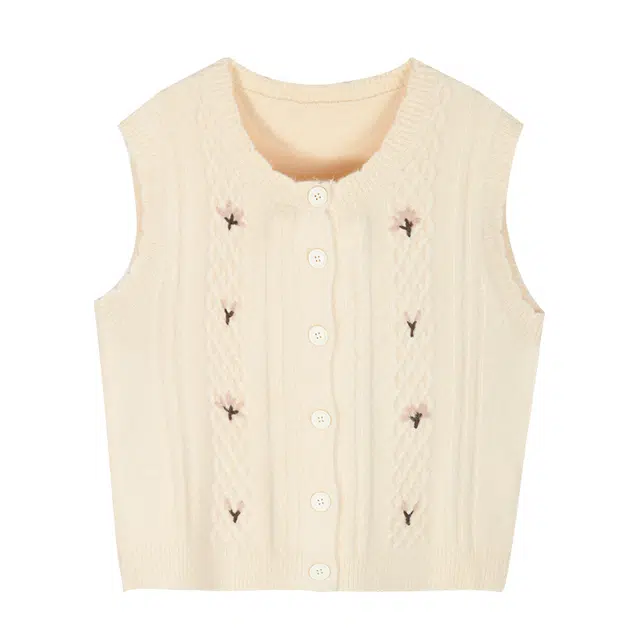 谜秀 复古叠穿立体花朵多圆领植物花卉简约温柔日常百搭减龄俏皮显瘦时髦软糯背心 女款 杏色