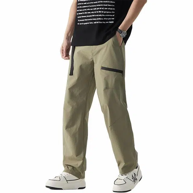 中国航天 基础简约纯色斜拉链切割线宽松开腰休闲裤 男女同款