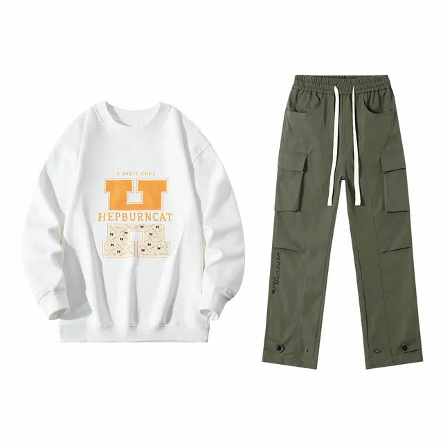 赫本猫 字母卡通印花圆领卫衣百搭可调节束脚多口袋设计垂感直筒工装裤卫衣套装 男女同款