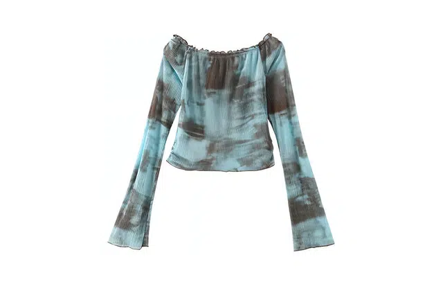 花栗鼠小姐 网纱一字肩长袖截短上衣 女款 蓝色